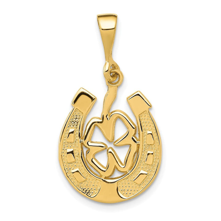 10K Yellow Gold Solid Medium Good Luck Horseshoe and Clover Pendant