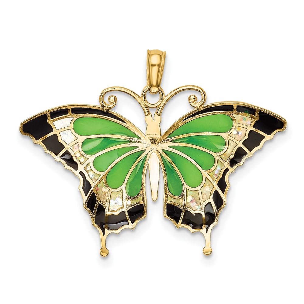 10K Yellow Gold Solid Medium Green and Black Enameled Butterly Pendant