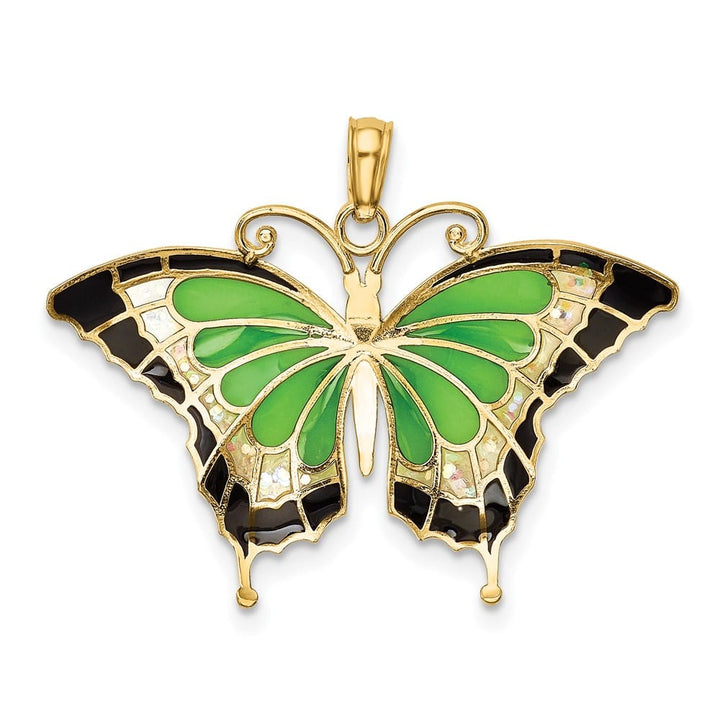 10K Yellow Gold Solid Medium Green and Black Enameled Butterly Pendant