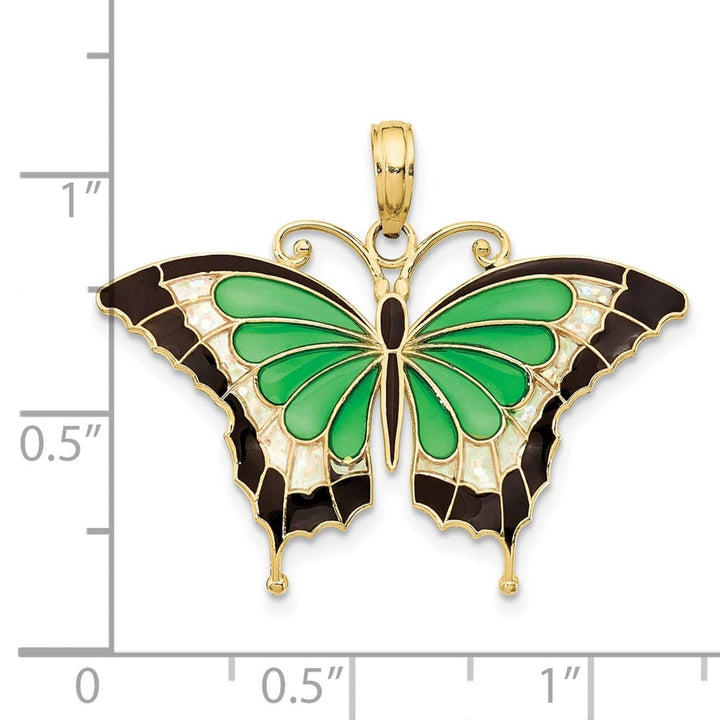 10K Yellow Gold Solid Medium Green and Black Enameled Butterly Pendant