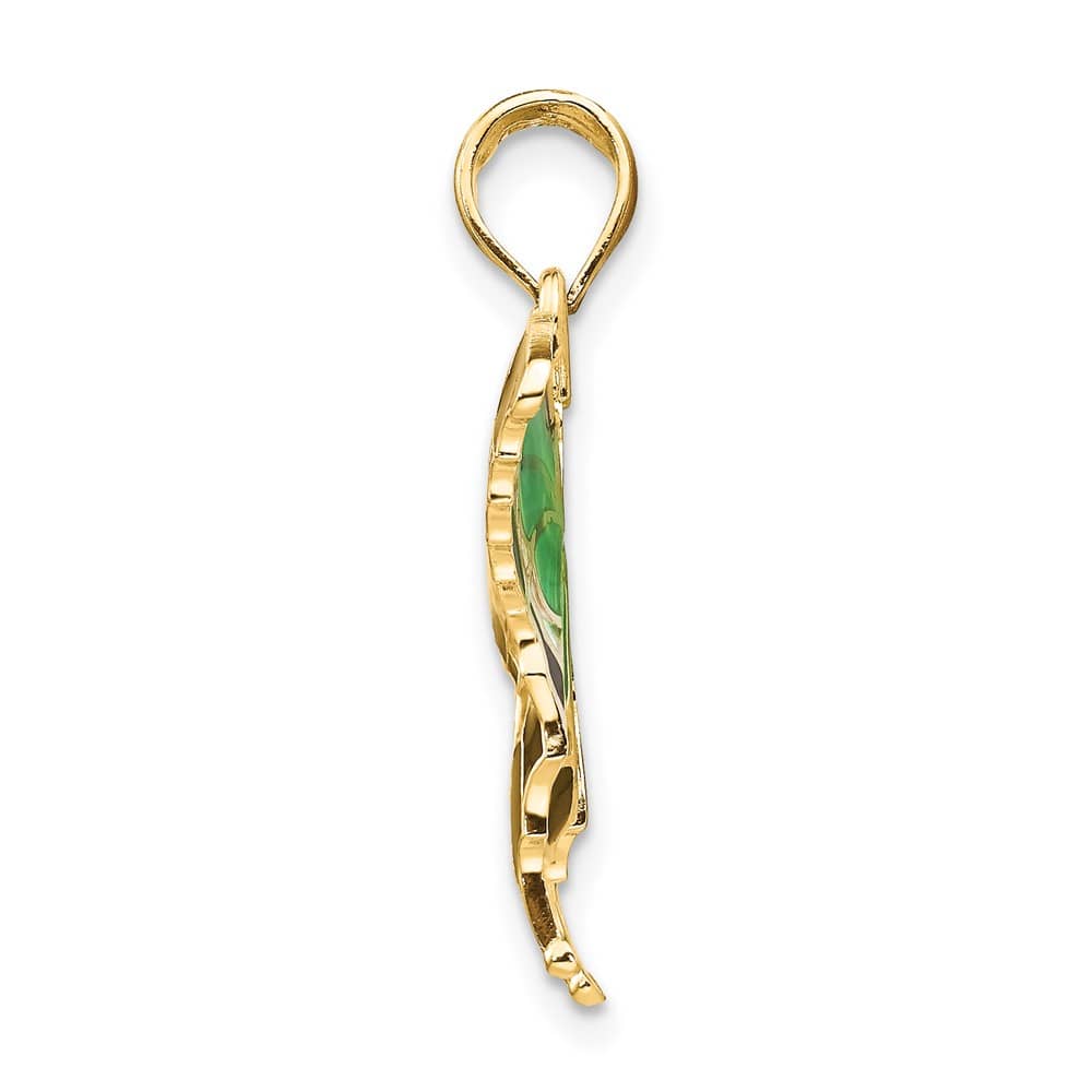 10K Yellow Gold Solid Medium Green and Black Enameled Butterly Pendant
