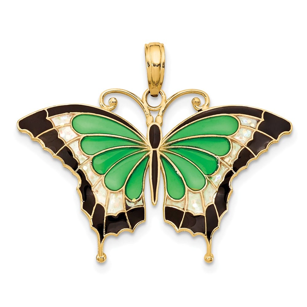 10K Yellow Gold Solid Medium Green and Black Enameled Butterly Pendant