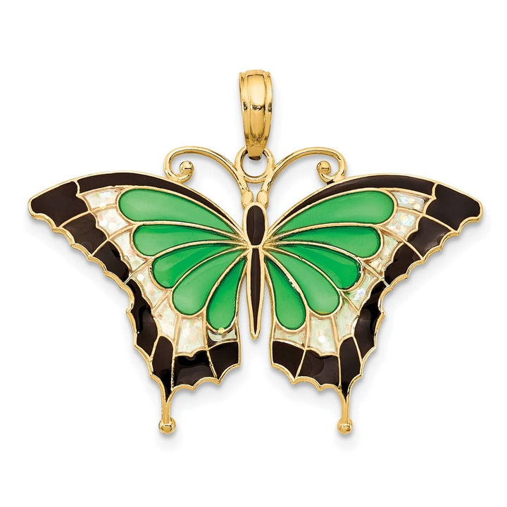 10K Yellow Gold Solid Medium Green and Black Enameled Butterly Pendant