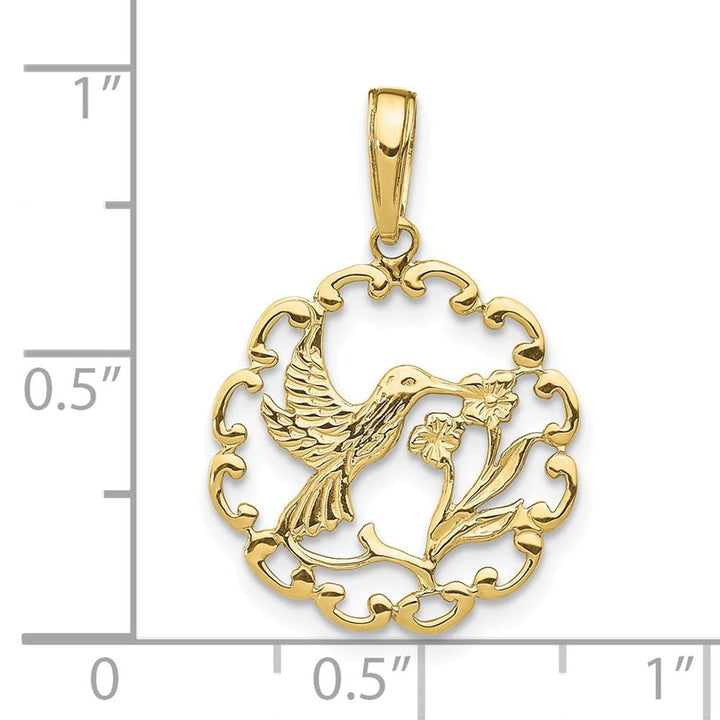 10K Yellow Gold Solid Medium Hummingbird with Flower in Frame Pendant