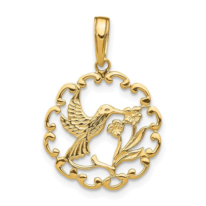 10K Yellow Gold Solid Medium Hummingbird with Flower in Frame Pendant