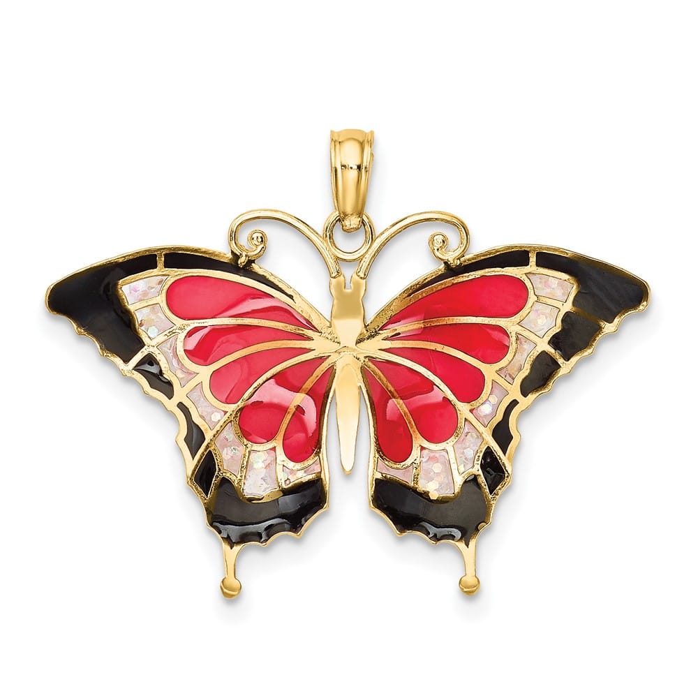10K Yellow Gold Solid Medium Pink and Black Enameled Butterfly Pendant