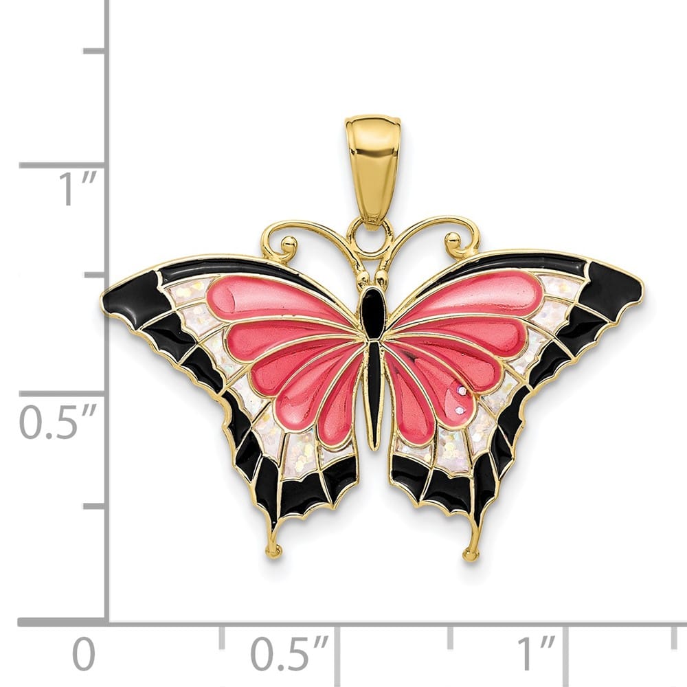 10K Yellow Gold Solid Medium Pink and Black Enameled Butterfly Pendant