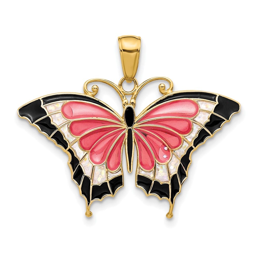 10K Yellow Gold Solid Medium Pink and Black Enameled Butterfly Pendant
