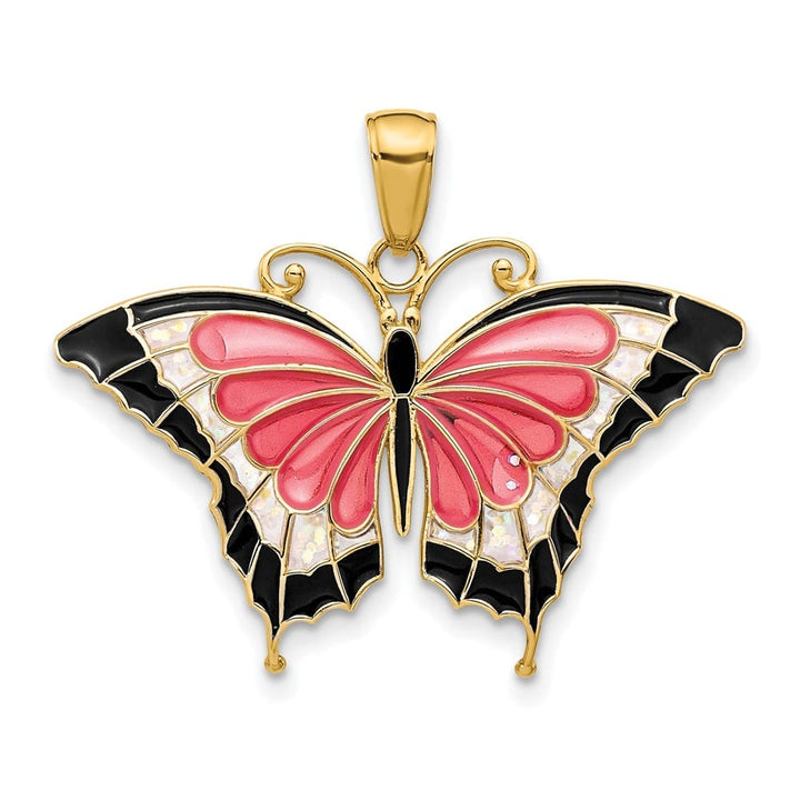 10K Yellow Gold Solid Medium Pink and Black Enameled Butterfly Pendant