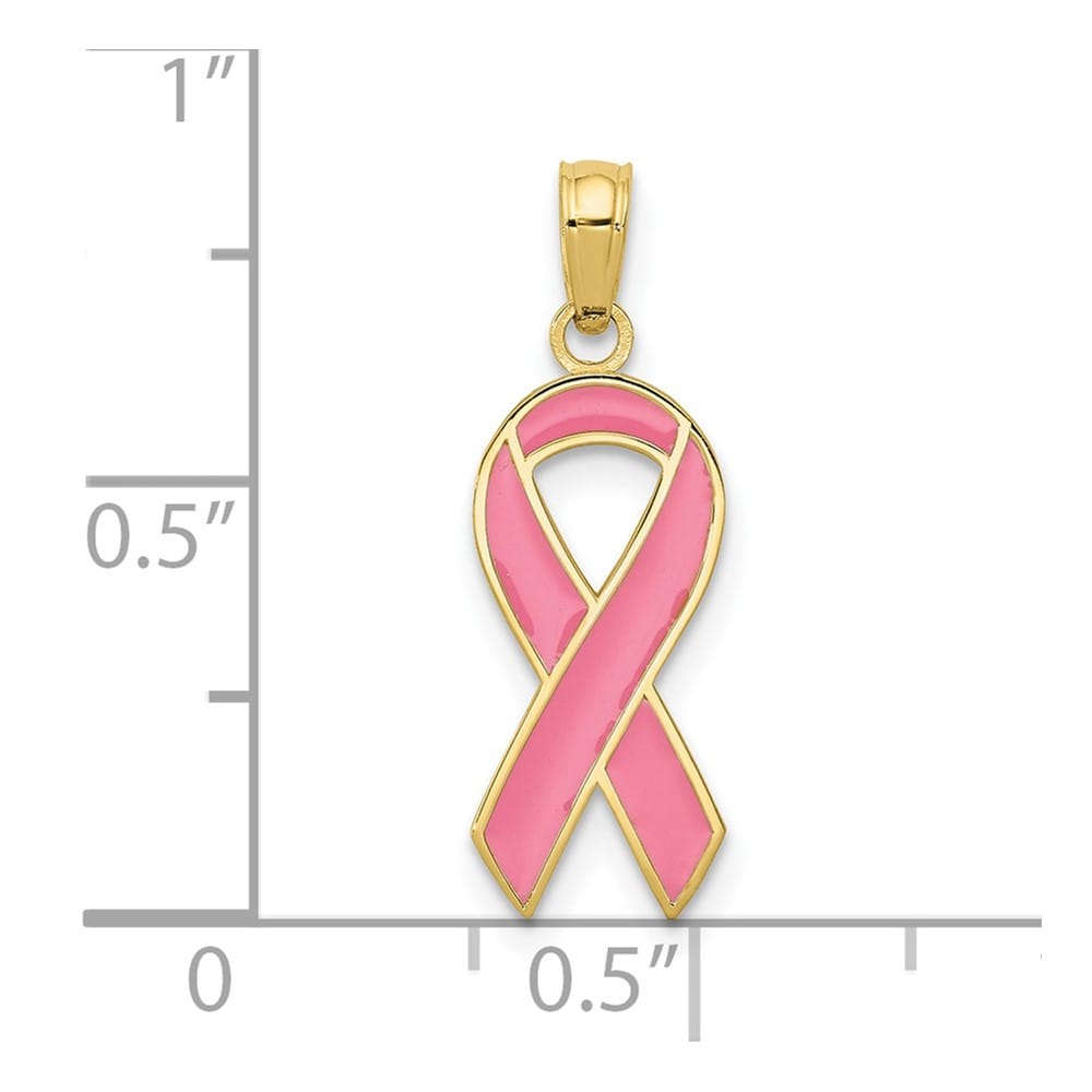 10K Yellow Gold Solid Medium Pink Enameled Awareness Ribbon Pendant