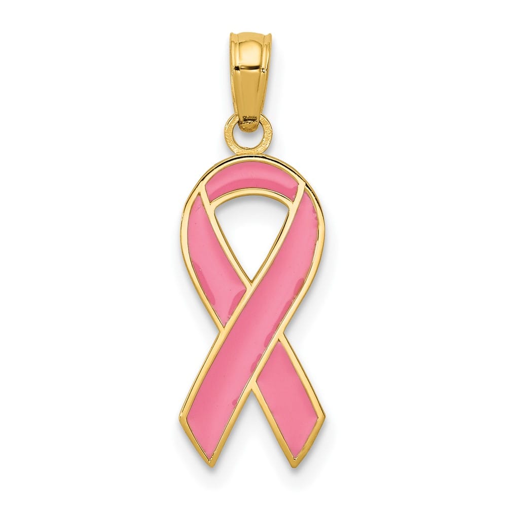 10K Yellow Gold Solid Medium Pink Enameled Awareness Ribbon Pendant