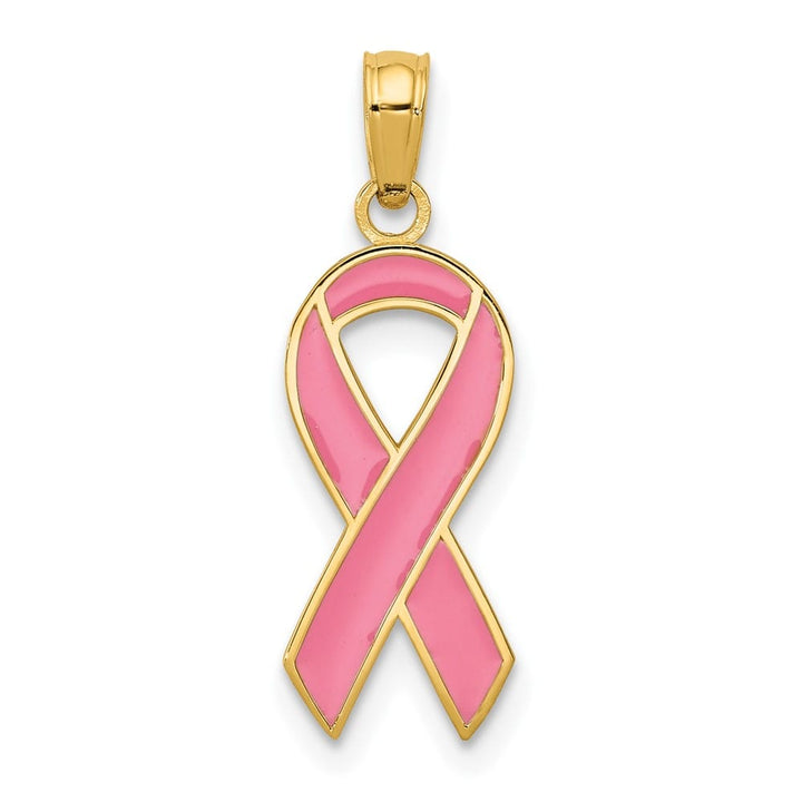 10K Yellow Gold Solid Medium Pink Enameled Awareness Ribbon Pendant