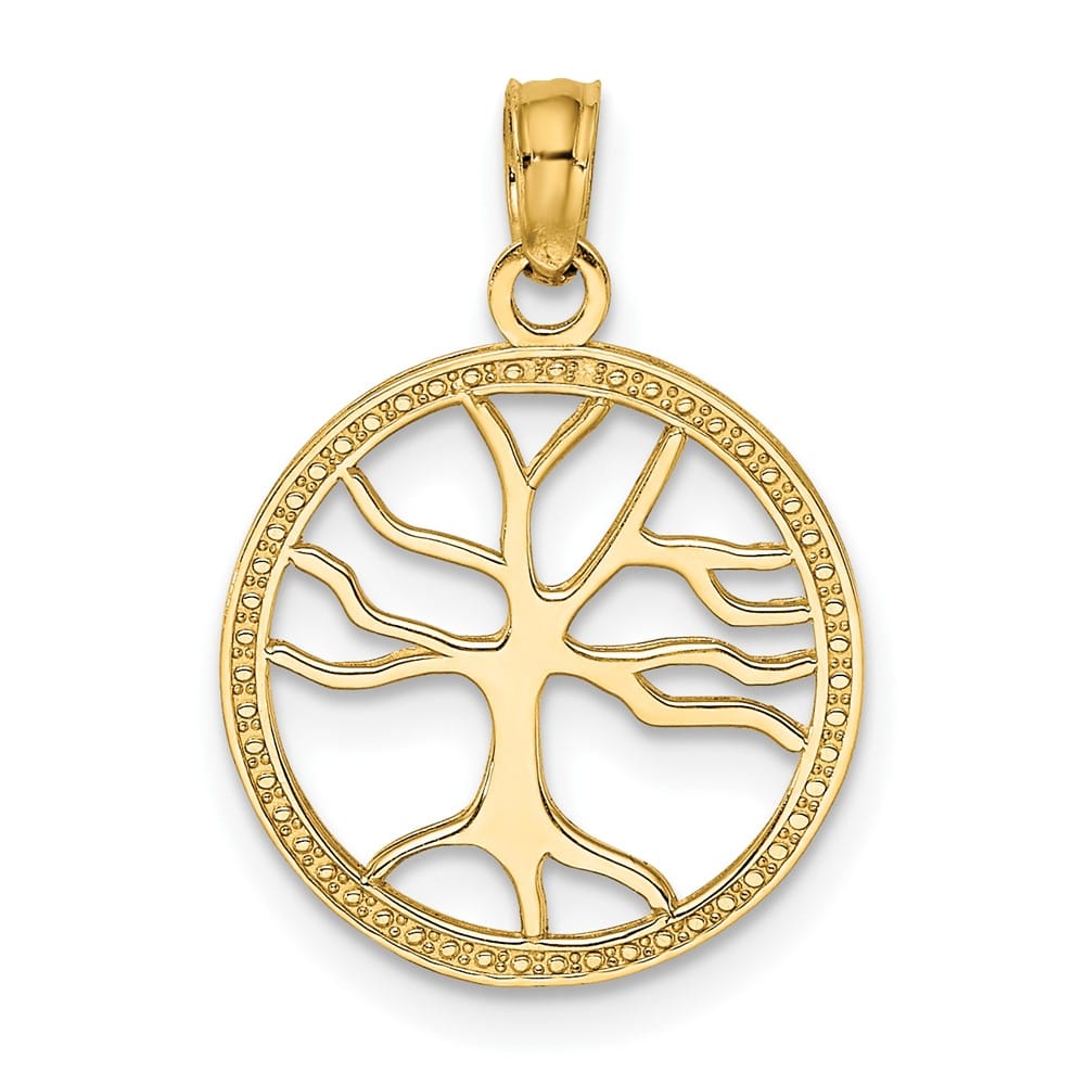 10K Yellow Gold Solid Medium Tree of Life in Round Frame Charm