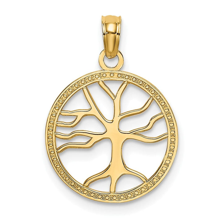 10K Yellow Gold Solid Medium Tree of Life in Round Frame Charm