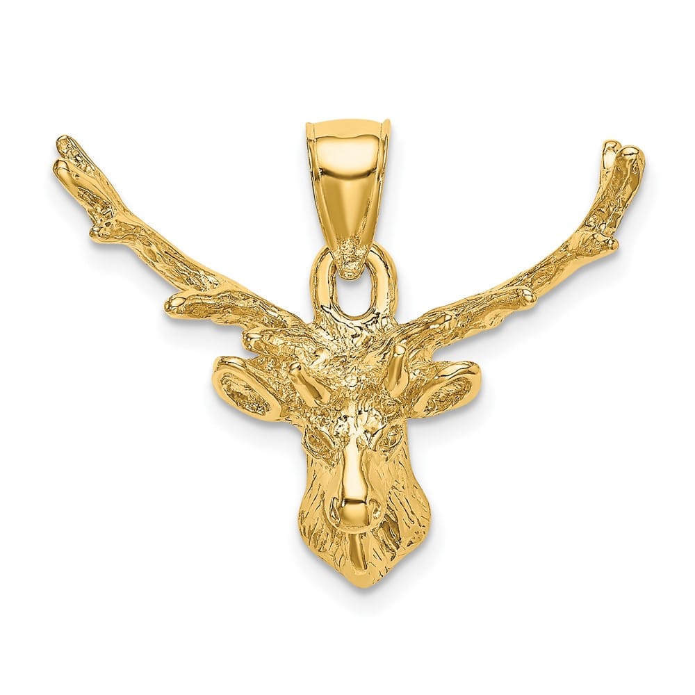 10K Yellow Gold Solid Polished 2-D Large Deer Head 8 Point Buck Charm