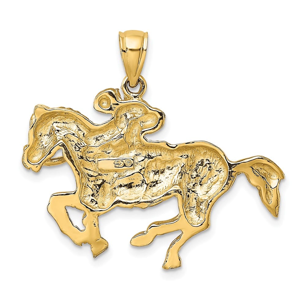 10K Yellow Gold Solid Polished 2-D Large Jockey on Horse Charm