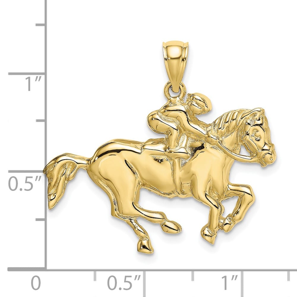 10K Yellow Gold Solid Polished 2-D Large Jockey on Horse Charm