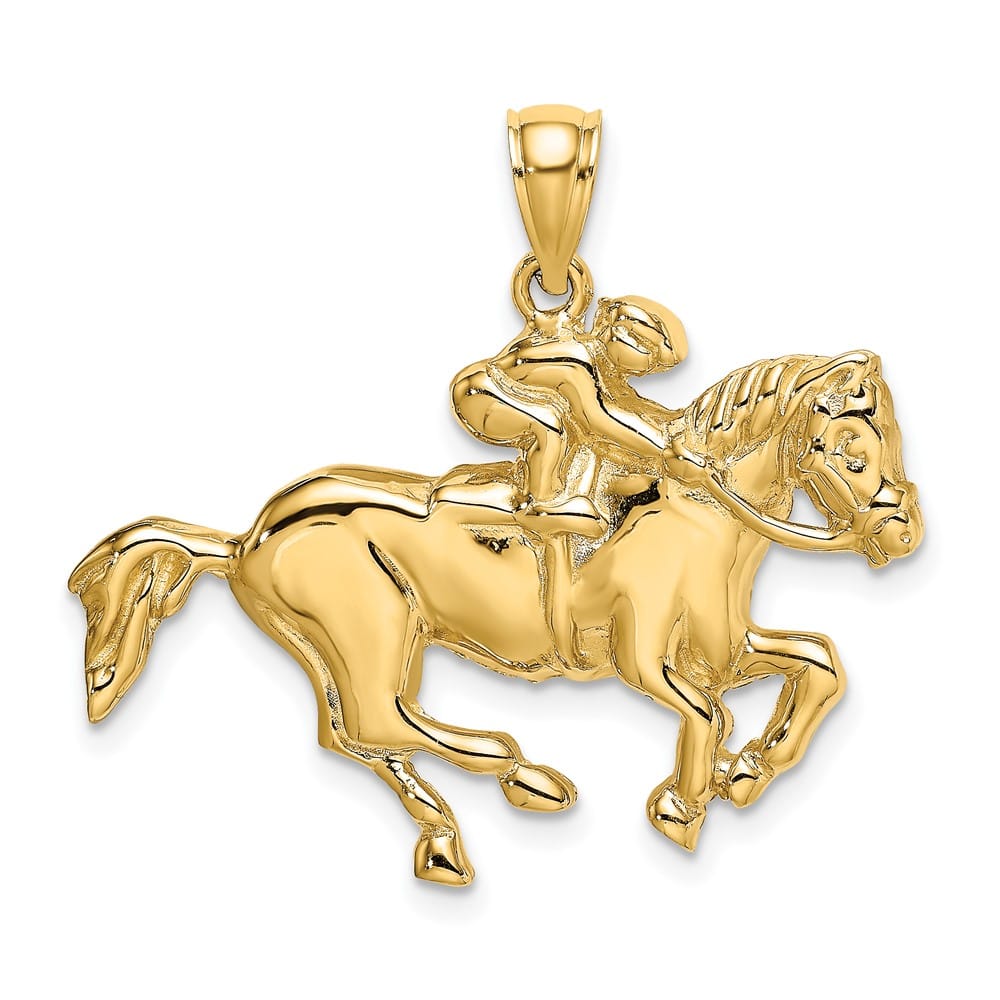 10K Yellow Gold Solid Polished 2-D Large Jockey on Horse Charm