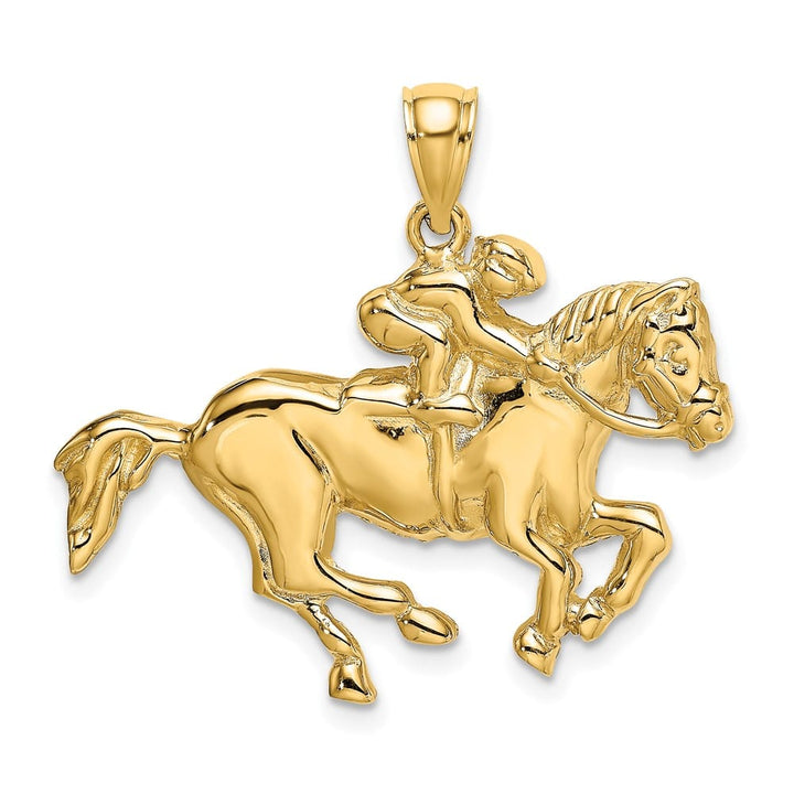 10K Yellow Gold Solid Polished 2-D Large Jockey on Horse Charm