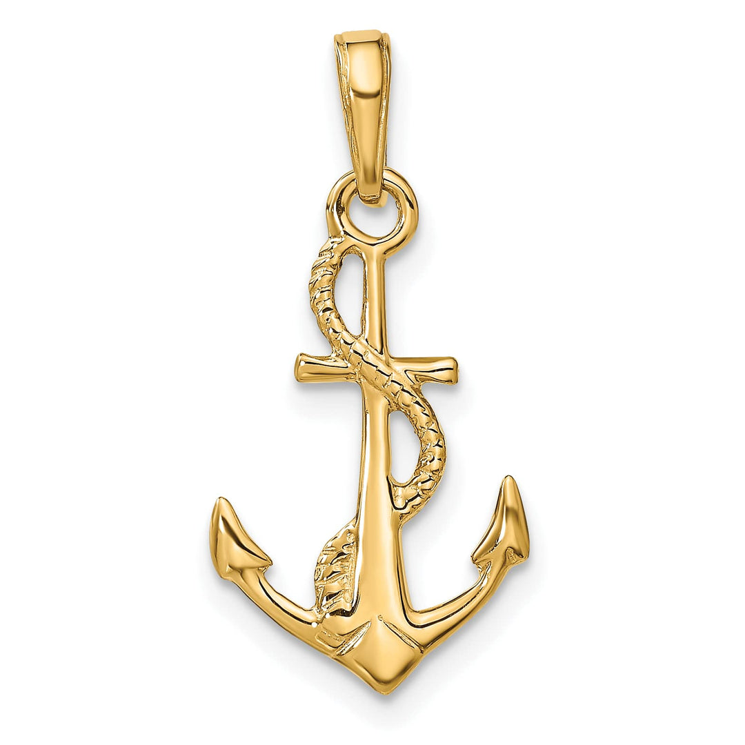 10K Yellow Gold Solid Polished 3-D Anchor with Rope Pendant