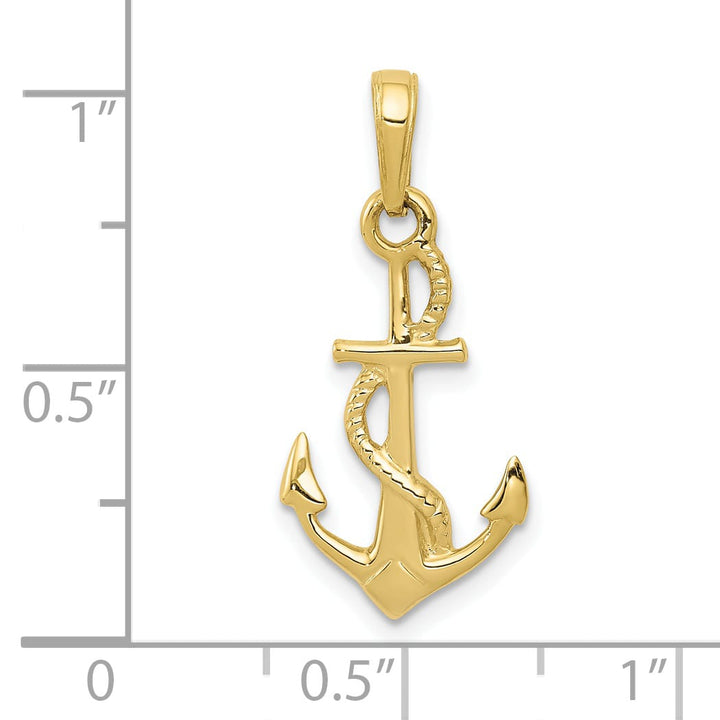 10K Yellow Gold Solid Polished 3-D Anchor with Rope Pendant