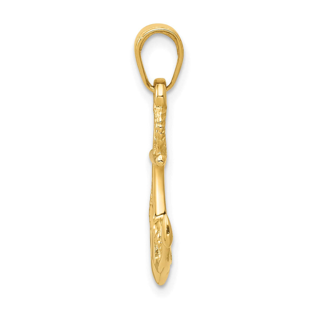10K Yellow Gold Solid Polished 3-D Anchor with Rope Pendant