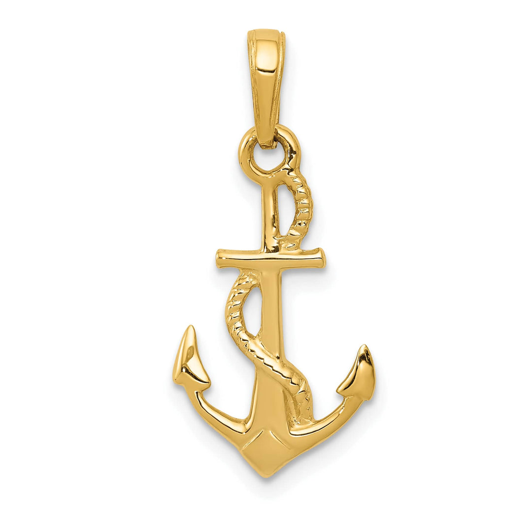 10K Yellow Gold Solid Polished 3-D Anchor with Rope Pendant