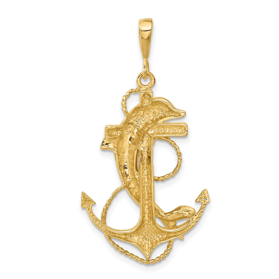 10K Yellow Gold Solid Polished Anchor with Dolphin Pendant