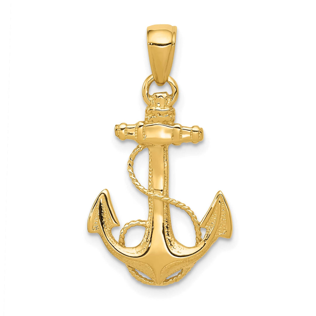 10K Yellow Gold Solid Polished Anchor with Rope Pendant