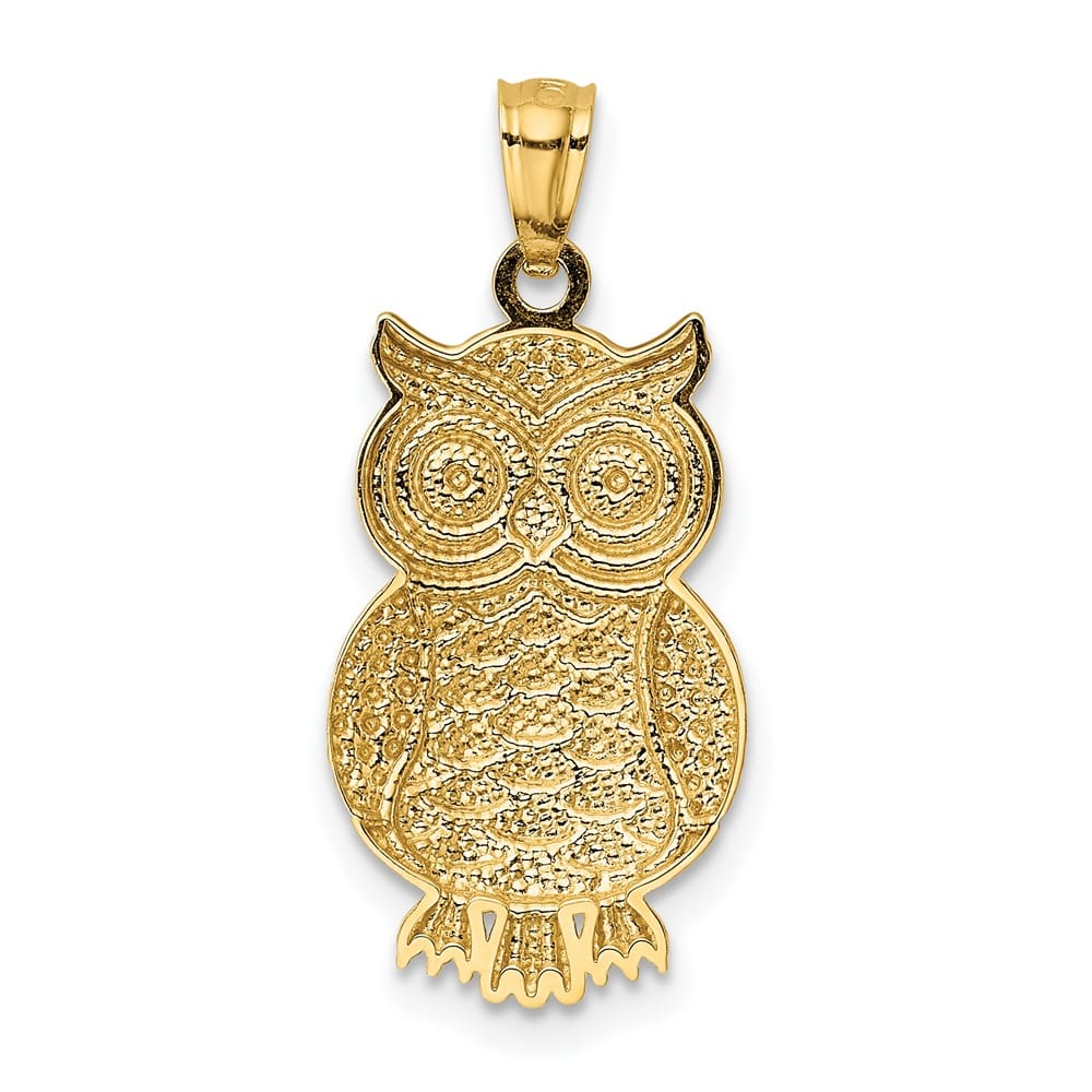 10K Yellow Gold Solid Polished and Textured Large Owl Pendant