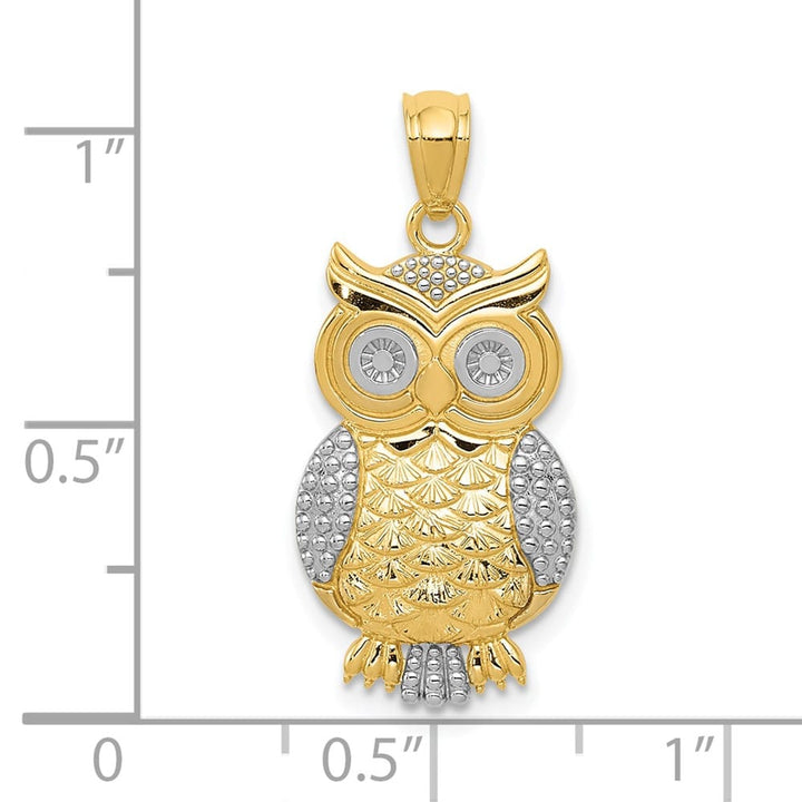 10K Yellow Gold Solid Polished and Textured Large Owl Pendant
