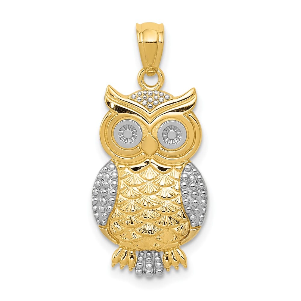 10K Yellow Gold Solid Polished and Textured Large Owl Pendant