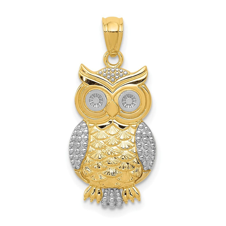 10K Yellow Gold Solid Polished and Textured Large Owl Pendant