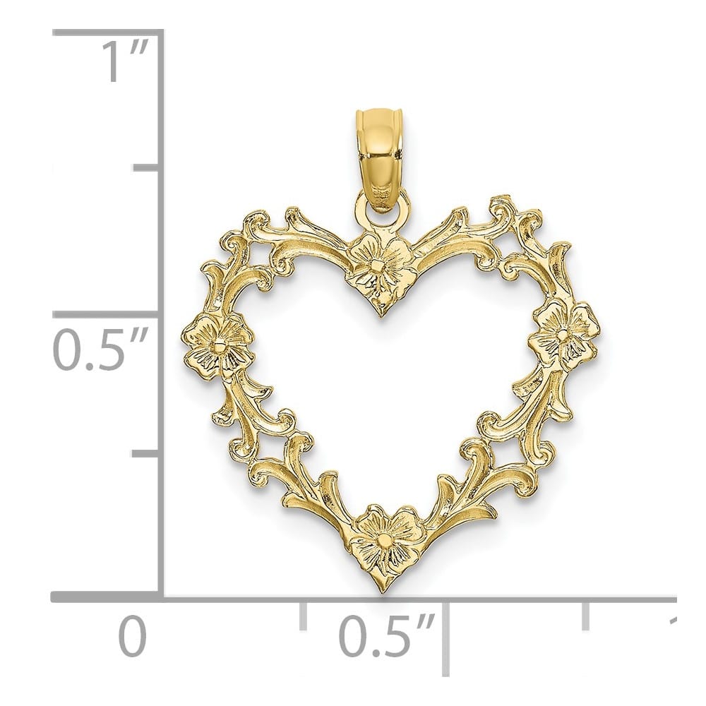 10K Yellow Gold Solid Polished Cut-Out Medium Floral Heart Charm