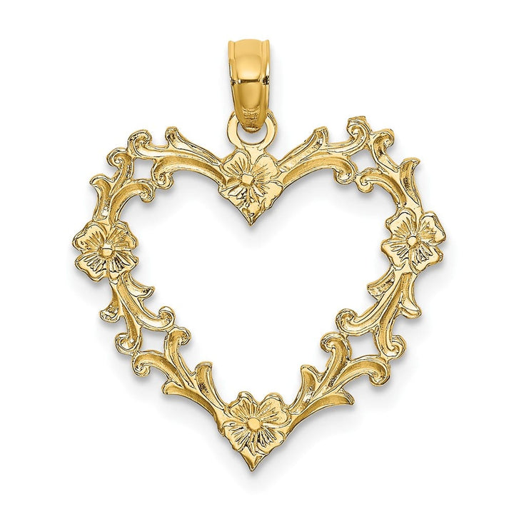 10K Yellow Gold Solid Polished Cut-Out Medium Floral Heart Charm