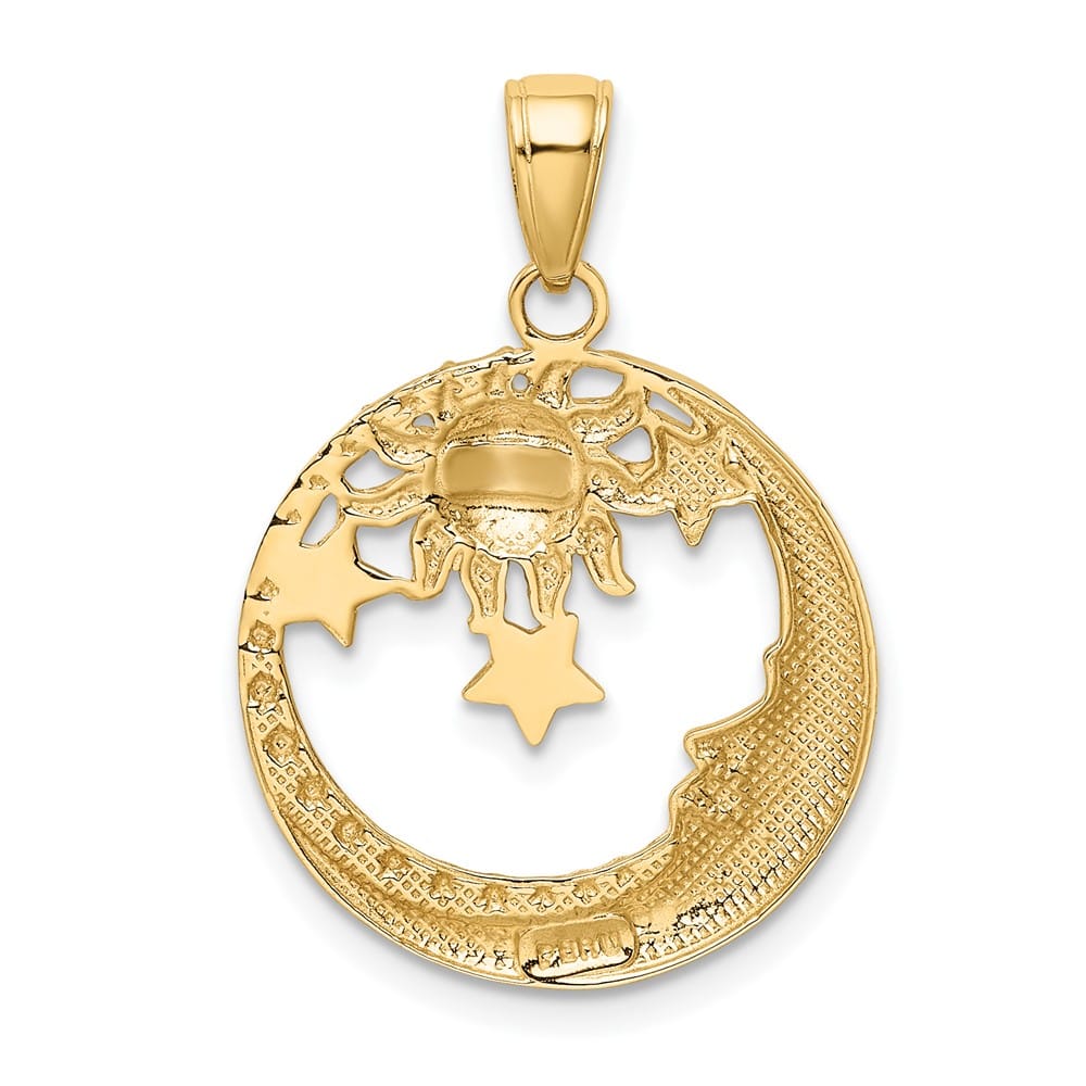 10K Yellow Gold Solid Polished D.C. Large Moon / Stars / Sun Pendant