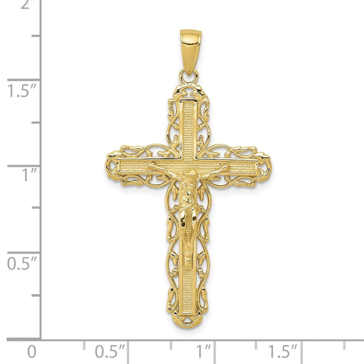 10K Yellow Gold Solid Polished Extra Large Filigree Crucifix Pendant
