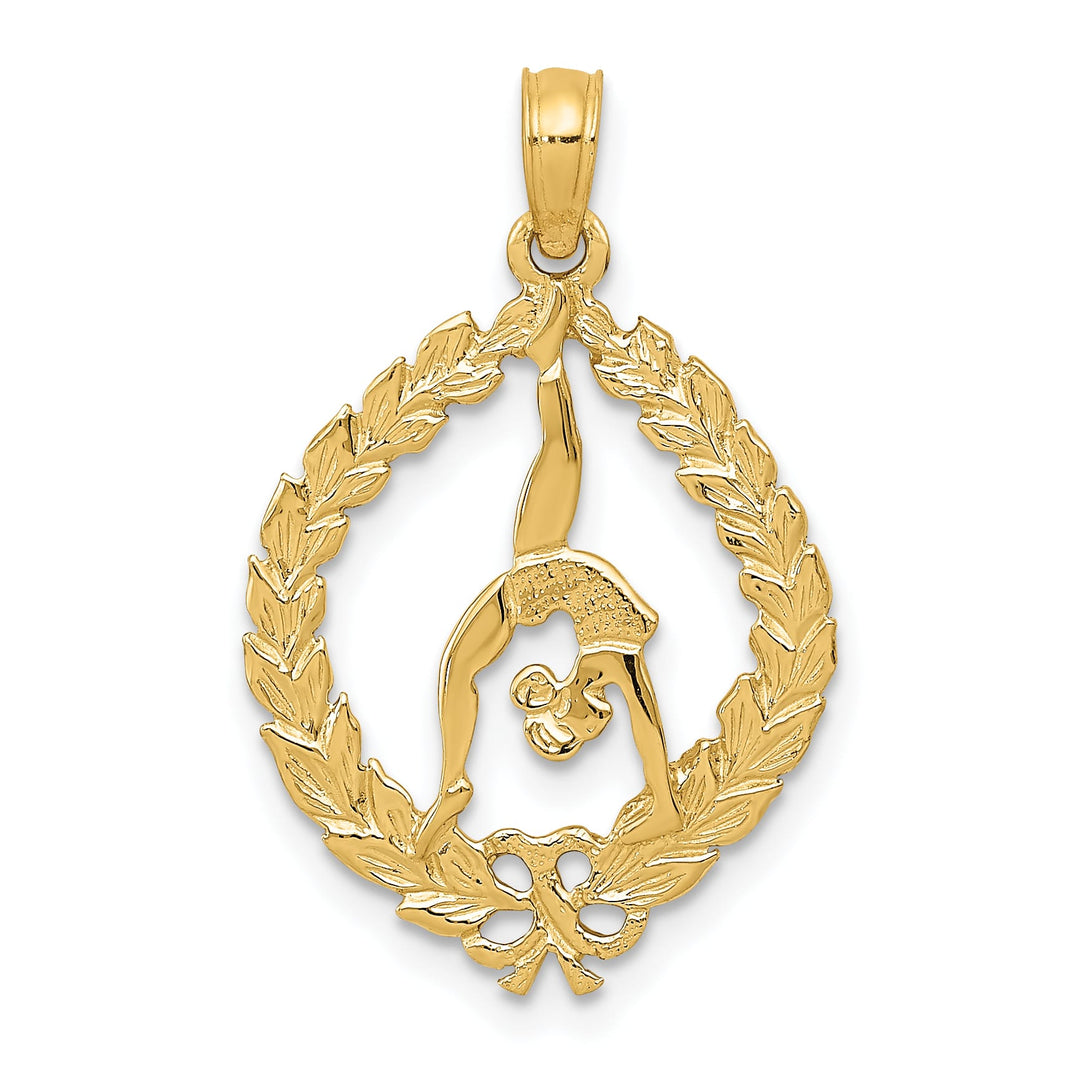 10K Yellow Gold Solid Polished Framed Gymnast in Wreath Pendant, Large