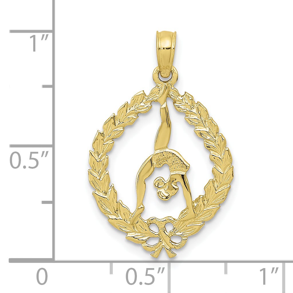 10K Yellow Gold Solid Polished Framed Gymnast in Wreath Pendant, Large