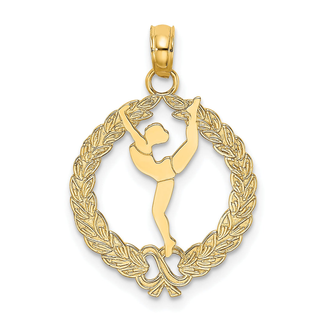 10K Yellow Gold Solid Polished Framed Gymnast in Wreath Pendant, Small