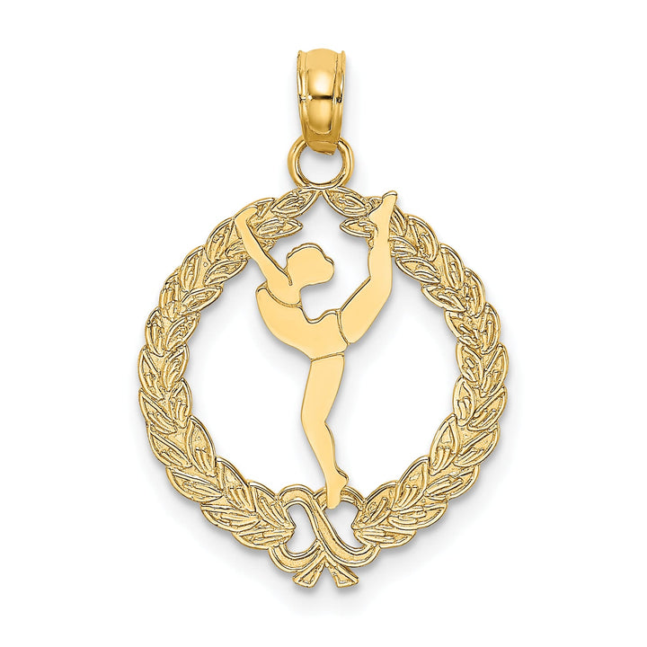 10K Yellow Gold Solid Polished Framed Gymnast in Wreath Pendant, Small