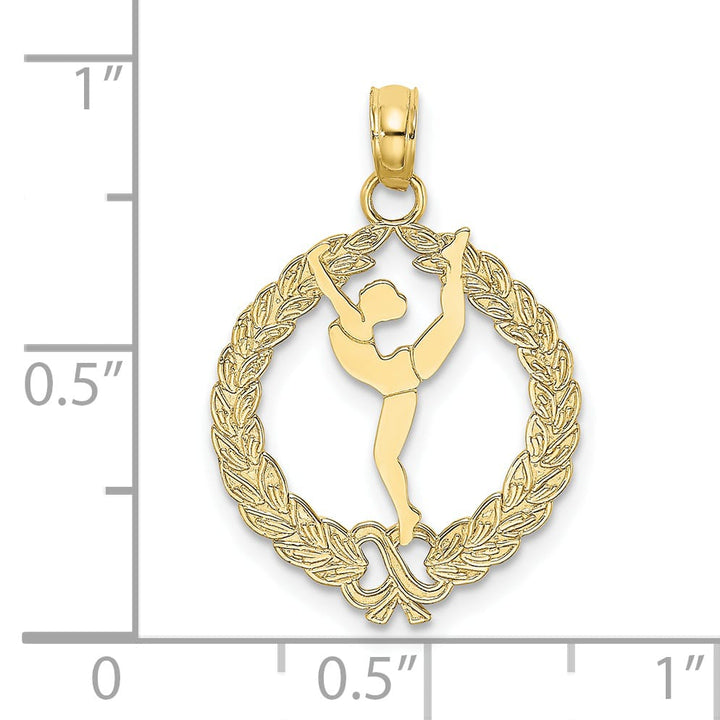 10K Yellow Gold Solid Polished Framed Gymnast in Wreath Pendant, Small