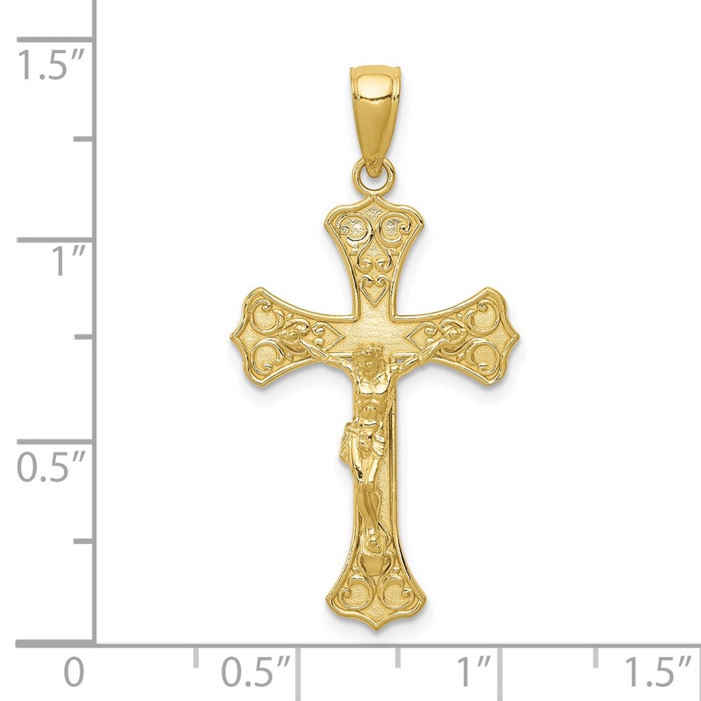 10K Yellow Gold Solid Polished Large Budded Crucifix Pendant