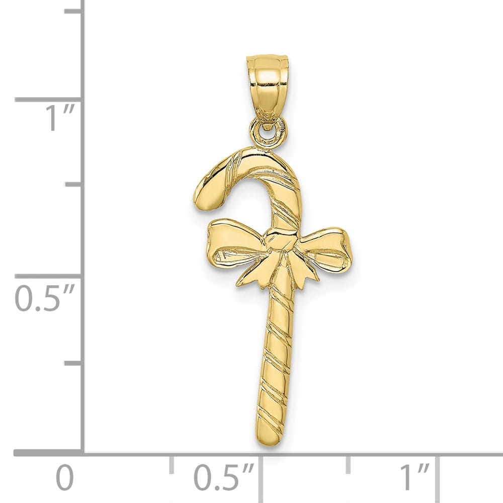 10K Yellow Gold Solid Polished Large Candy Cane with Bow Pendant