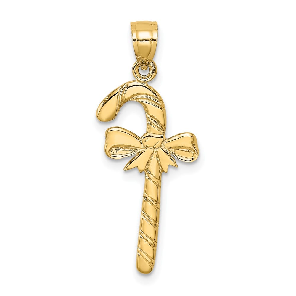10K Yellow Gold Solid Polished Large Candy Cane with Bow Pendant