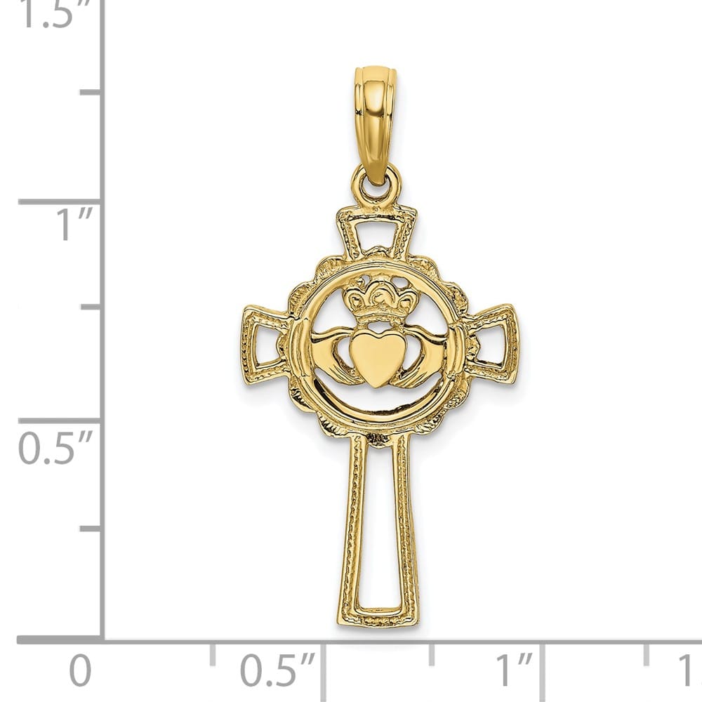 10K Yellow Gold Solid Polished Large Claddagh Celtic Cross Pendant