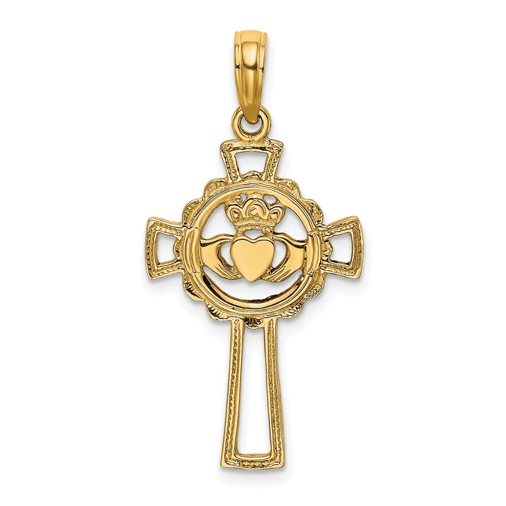 10K Yellow Gold Solid Polished Large Claddagh Celtic Cross Pendant