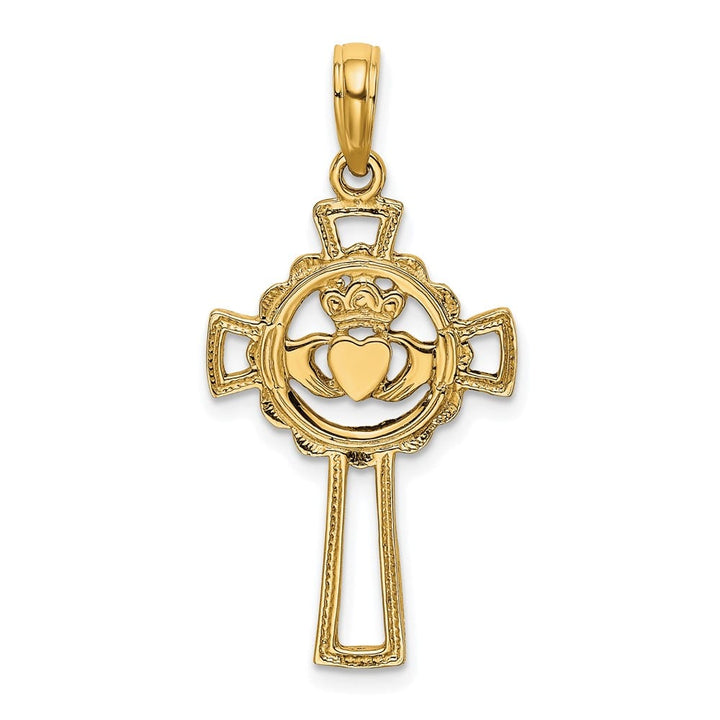 10K Yellow Gold Solid Polished Large Claddagh Celtic Cross Pendant