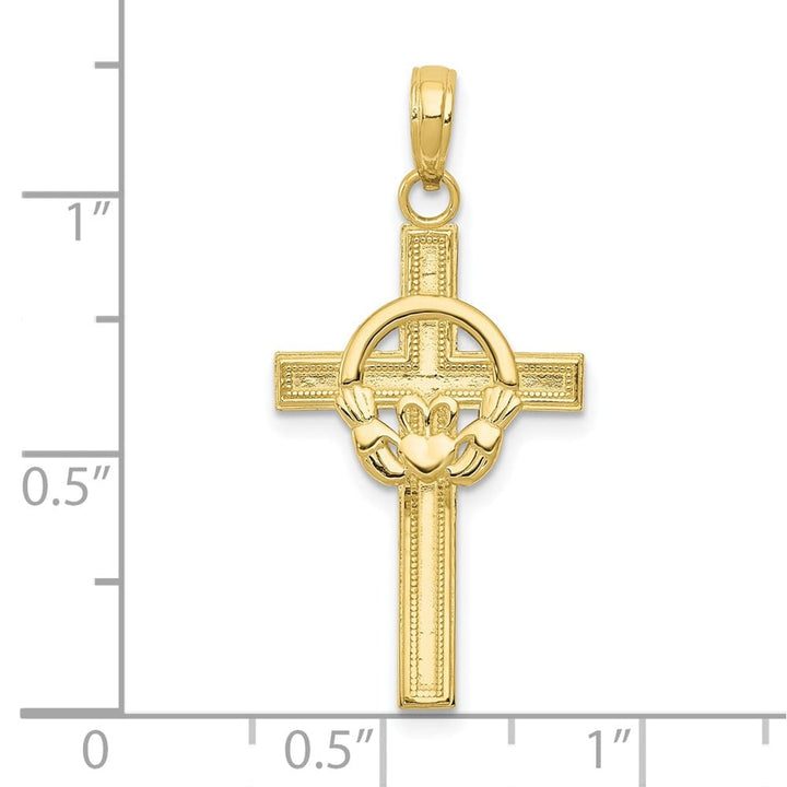 10K Yellow Gold Solid Polished Large Claddagh Cross Pendant