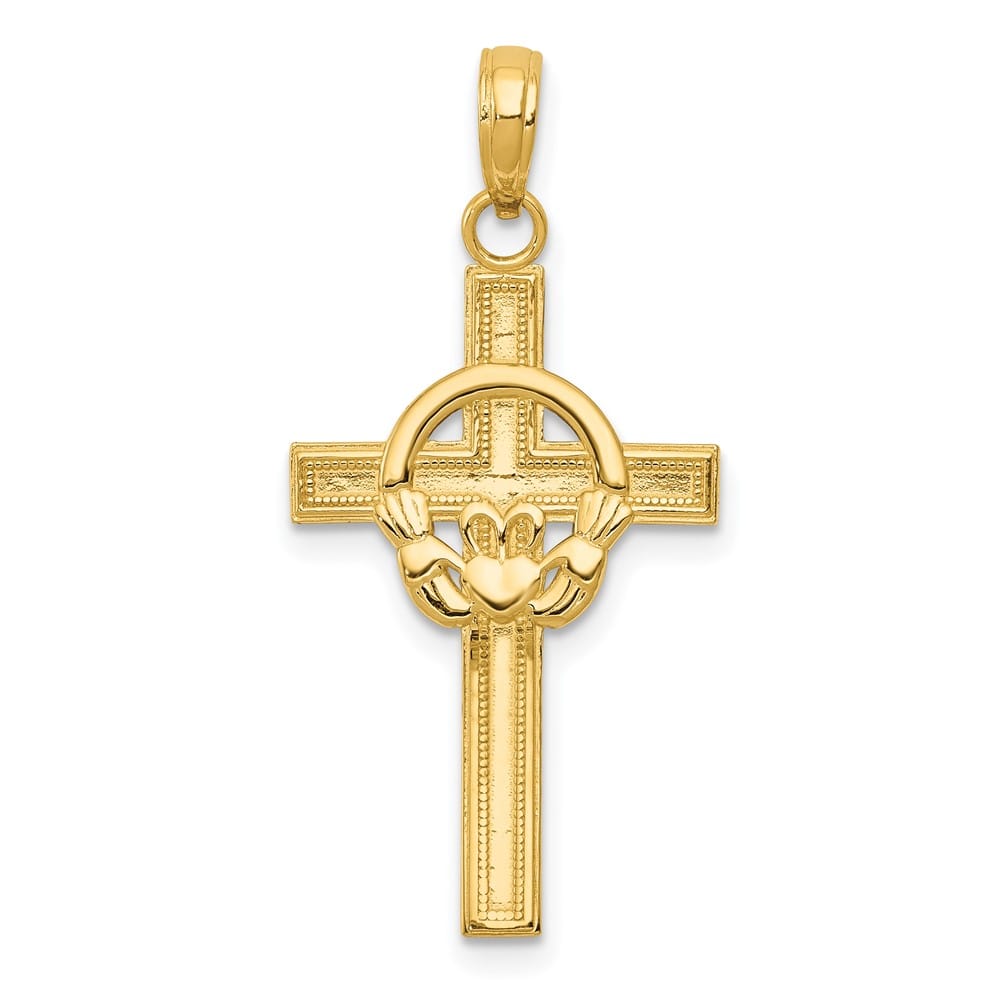 10K Yellow Gold Solid Polished Large Claddagh Cross Pendant